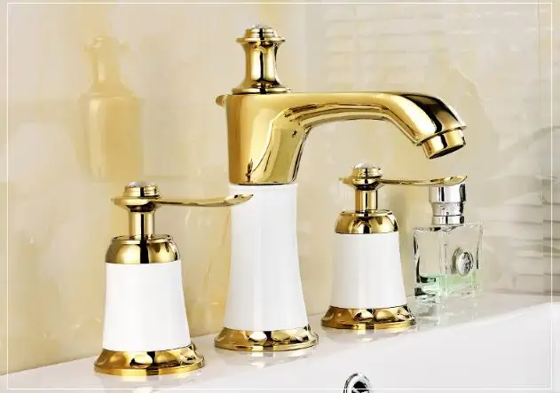 " смеситель для раковины для холодной и горячей воды латунный белый и золотой кран для раковины для ванной комнаты 2 ручки смеситель для раковины 3 шт. на бортике
