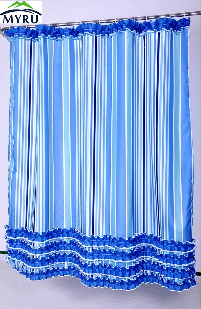 MYRU beautiful blue stripes ruffled lace shower curtains waterproof