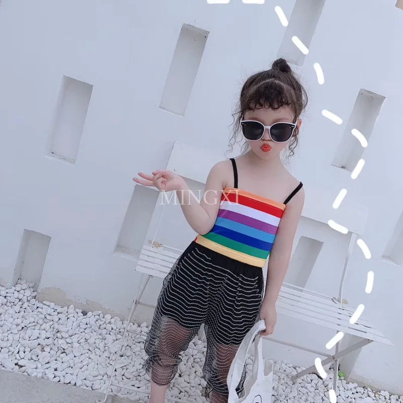 

Girls 2019 Summer New Children's Wear Children's Set Rainbow Sling Shirt Mesh Pants Two-piece