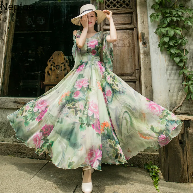 

Neploe Spring Sweet Girl Dresses Slim Waist Vestido 2019 Flower Print Long Chic V-neck Single Breasted Big Swing Long Jupe 43227