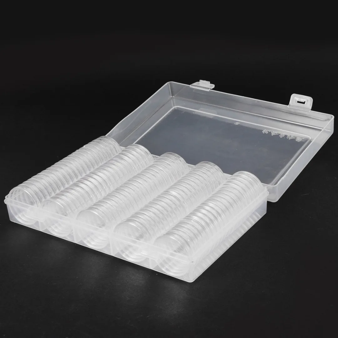 New Coin Collection Storage Box Case Holder Clear Display Album + 27mm/30mm 100pcs Capsule Case Transparent Round Storage Box