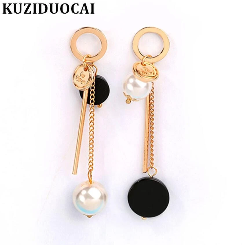 

Kuziduocai New Fashion Jewelry Steel Ear-Needle Asymmetry Pearl Tassel Stud Earrings For Women Girl Gift Brincos Pendientes E242