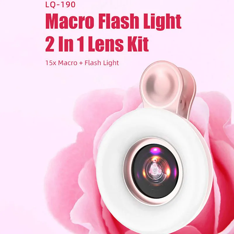 

LQ-190 15X Macro Flash Light 2 In 1 Lens Kit LED Selfie Flash Light 2800-6500K Beauty Phone Lens Fill Light Macro Lens