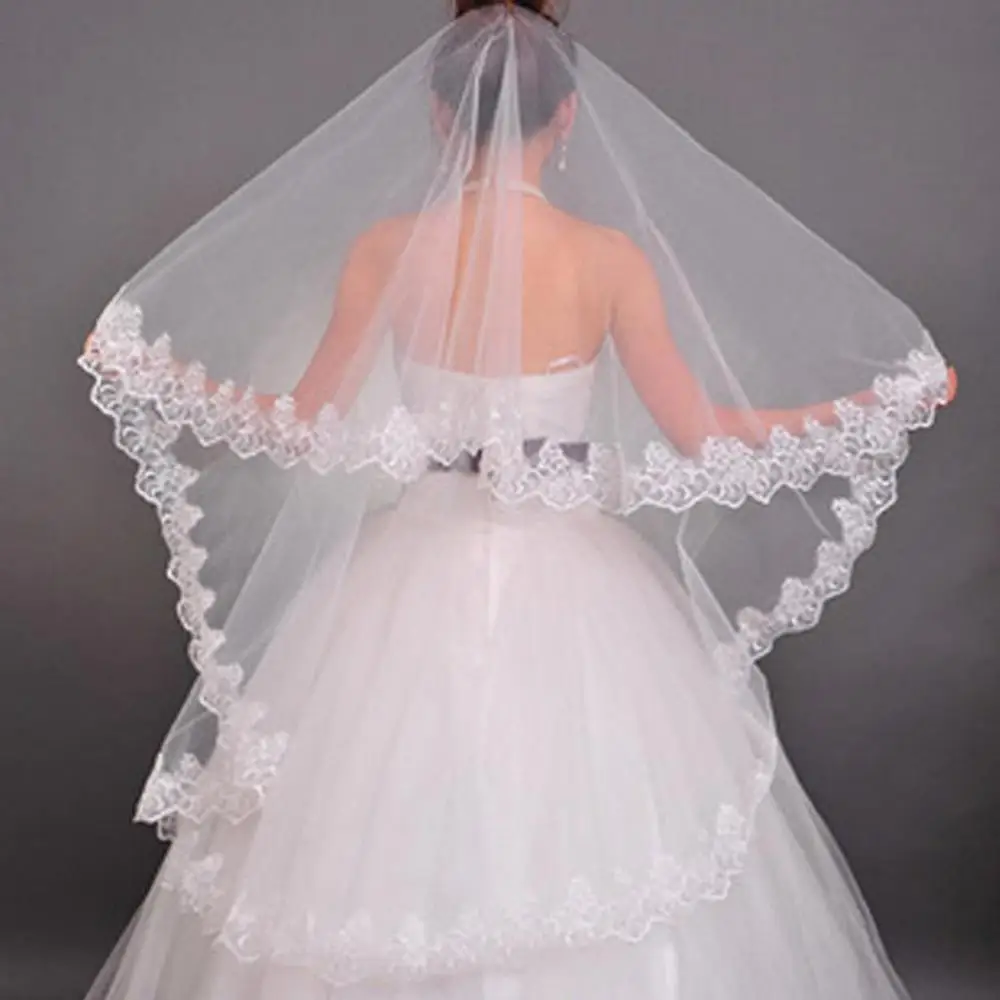 Bridal Veil Vintage White Ivory Short Tulle Wedding Bridal Veil Cathedral Length One Layer Applique Lace