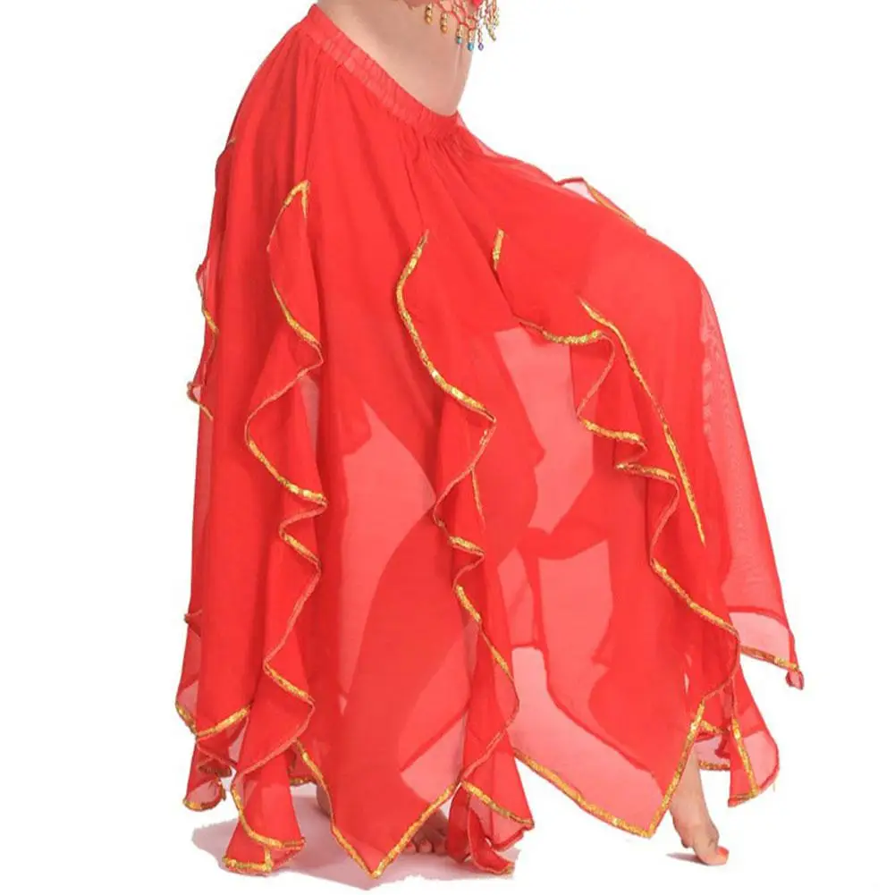 Шифоновая Мягкая юбка для танца живота, Женская кружевная Золотая Hemline Одежда для танцев, одежда для выступлений, танцевальный костюм - Цвет: red