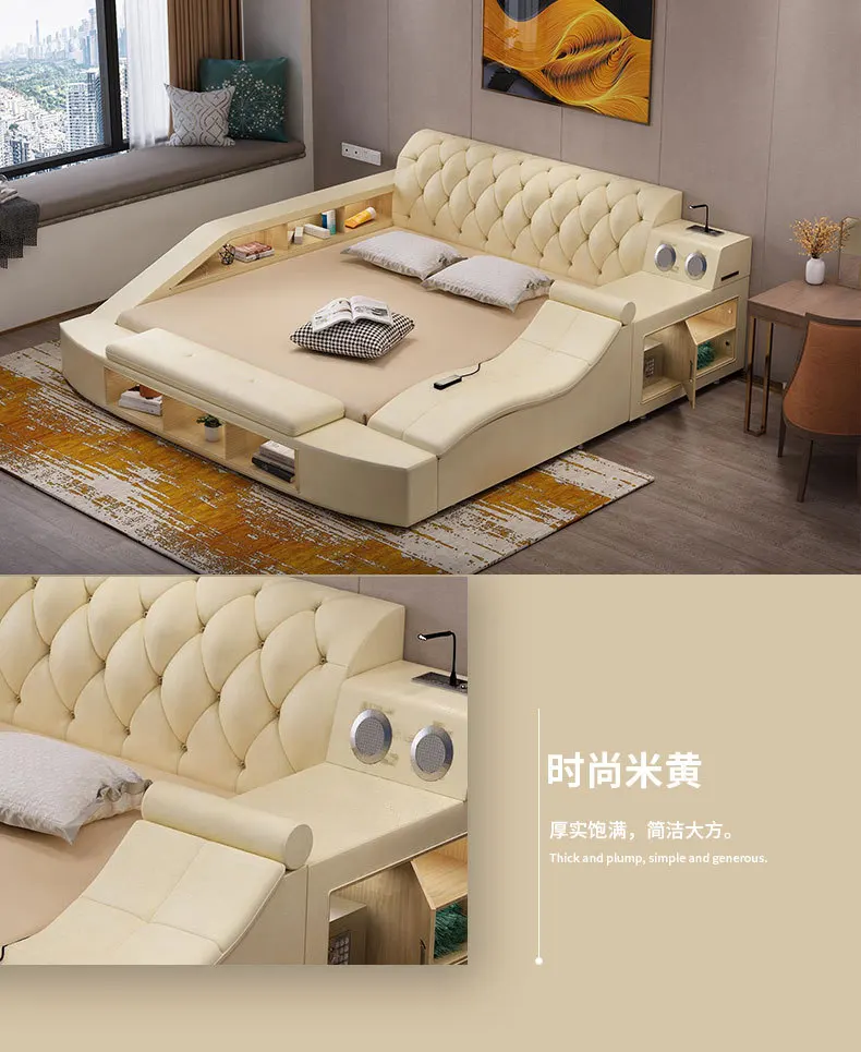 Real Genuine leather bed Soft Beds Bedroom camas muebles de dormitorio yatak mobilya quarto massage speaker bluetooth storage