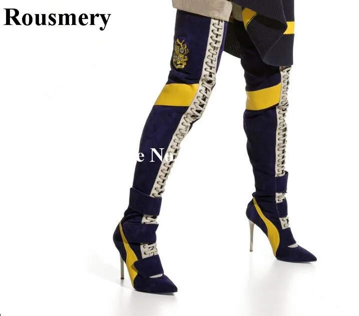 

Rousmery Flock Botas Mujer 2018 Navy Blue Over The Knee Pointed Toe Chunky Heel Thigh High Women Boots Stage Strip Shoes Women