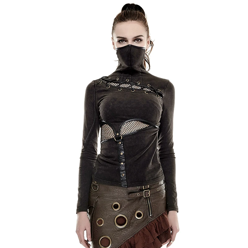 

Steampunk Wome's Brown Color T-shirt Long Sleeve Sexy Hollow Out T-shirts Tops 2017 Fashion Gothic Turtleneck Tshirt Women T-432