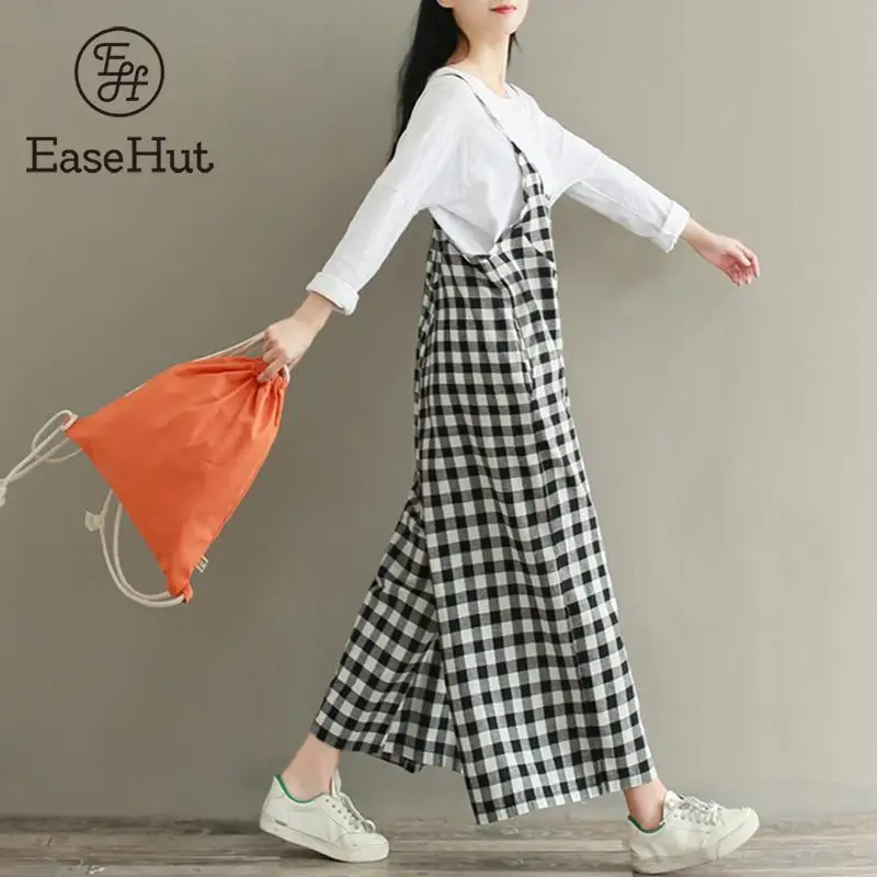 EaseHut Plus Size 3XL Rompers Women Check Plaid 2018 Jumpsuits Overalls Vintage Strappy Casual Loose Harem Pants Long Trousers