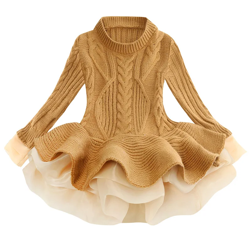 

Girls Long Sleeve Knitted Dress 2019 Autumn Winter Clothes Lattice Kids Dresses For Girls Princess Cotton Warm Tutu Gown Dresses