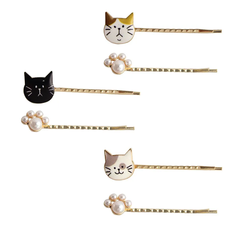 

SANSUMMER 2019 New Style Fashionable Metal Strip Hairpin Cartoon Animal Cat Imitation Pearl Cat Paw Print Sweet Romance 5735