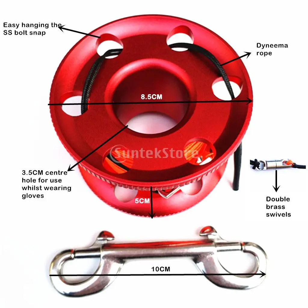 Scuba Diving Aluminum Alloy Finger Spool Guide Line Reel + 30m High Visibility Line & 10cm Stainless Steel Double End Bolt Snap
