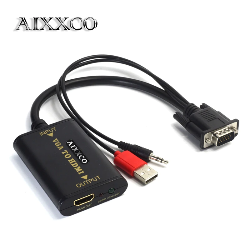 Скидка AIXXCO качественный портативный штекер и воспроизведение VGA в HDMI выход 1080P HD аудио ТВ AV HDTV PC видео кабель VGA2HDMI конвертер адаптер