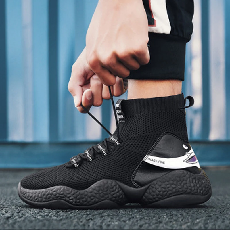   Shark Logo High Top Sneakers Women Knit Upper Breathable Sock Shoes Thick Sole 5 CM Fashion sapato feminino Black / White man