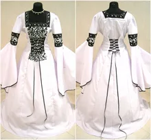 Vintage A Line Black And White Wedding Dresses Strapless Long Flare Sleeves Beading Pattern Lace Up Elegant Wedding Bridal Gowns