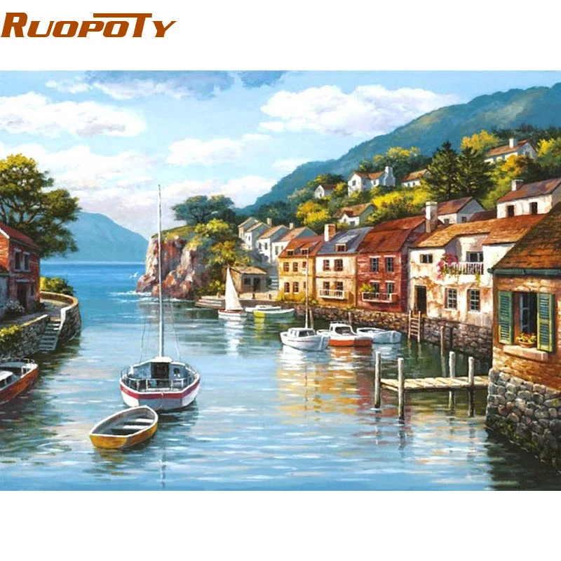 

RUOPOTY Frame Harbor Town Landscape DIY Painting By Numbers Kits Coloring By Numbers Hand Painted For Home Wall Art Picture