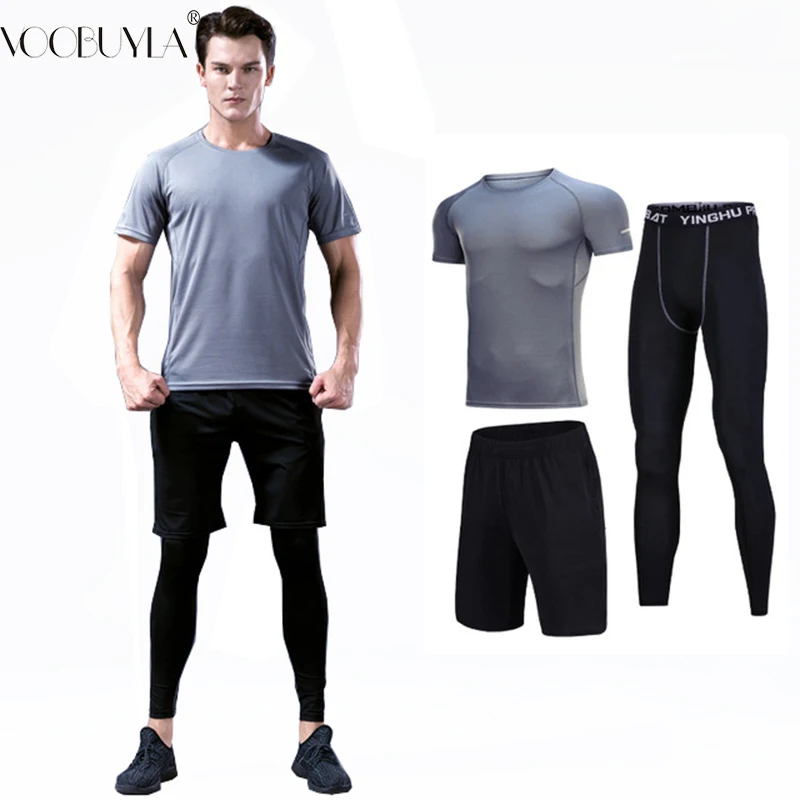 

Voobuyla 3pcs Men gym Fitness clothing sportswear male gym running sets basketball jerseys training suit compression kits 4XL