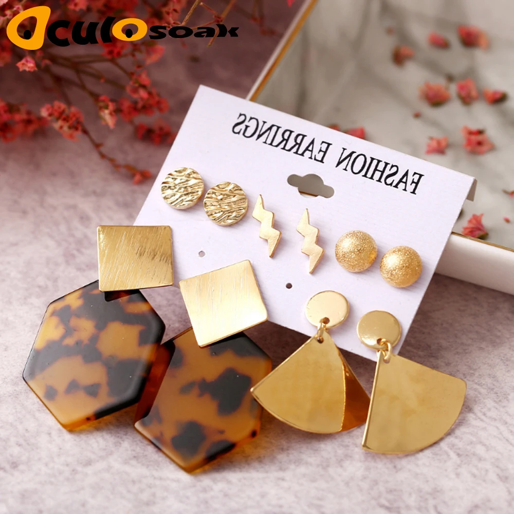 

5 Pairs/set Vintage Acrylic Leopard Print Metal Stud Earrings For Women Heart Geometric Irregular Party Brincos Pierce Jewelry