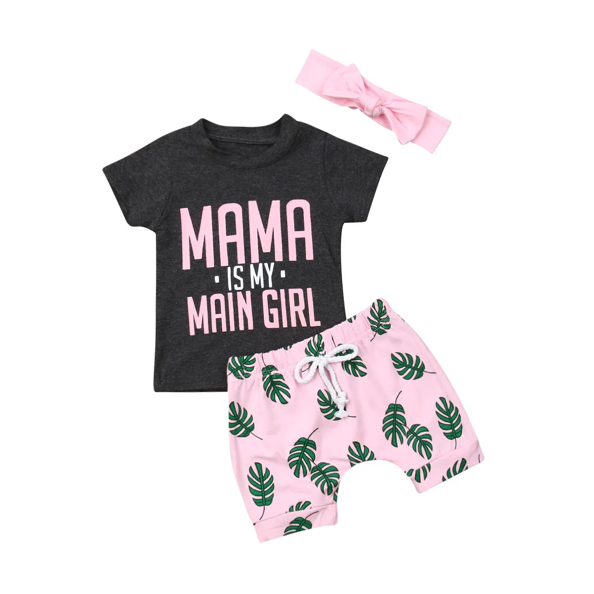 

Newborn Toddler Kids Baby Girl Gray Letter T-shirt Tops+Belted Pink Leaves Short Pants+Bowknot Headband 3PCS Outfits Clothes Set