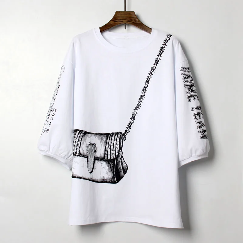 

New Cotton Harajuku Aesthetics Tshirt Beaded Short Sleeve Tops & Tees Fashion Casual Couple White T Shirt