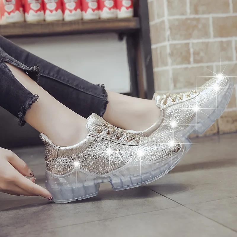 

YOUBROER New Women's Shoes Water Diamond Crystal Thick-soled Mesh Shoes, Leisure Flat-soled Single-soled Muffin Shoes sneakers