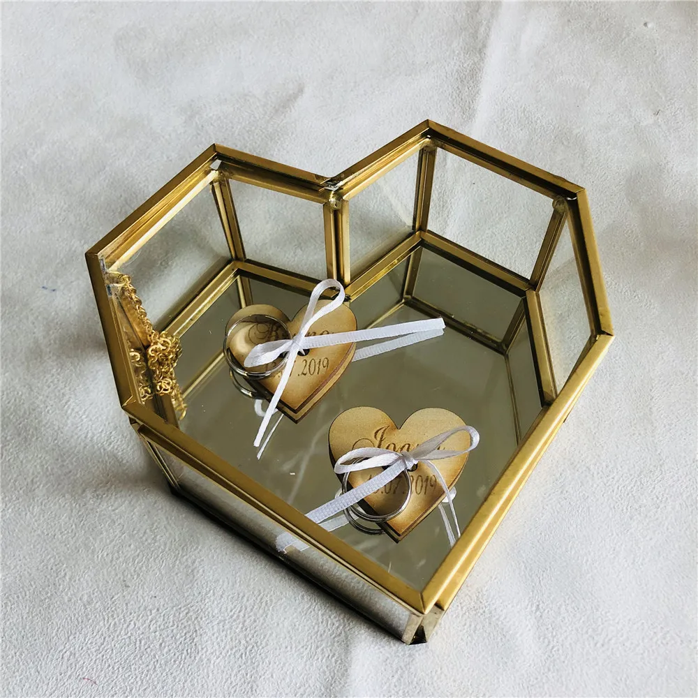Свадебная Золотая стеклянная шкатулка в форме сердца, индивидуальное стеклянное обручальное кольцо, уникальные вечерние подарочные принадлежности