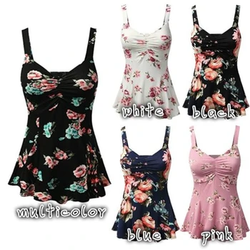 

Plus Sizes Summer Female Bohemian Style Flower Print Sleeveless Vest Sexy Pleated Ruffled V-neck High Waist Vest
