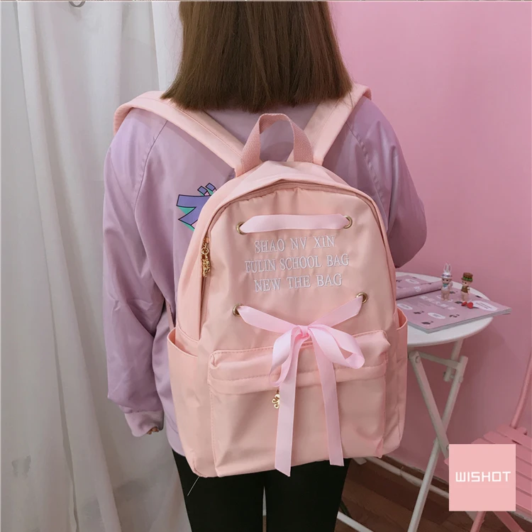 WISHOT лук рюкзак с завязкой дорожная сумка для подростков Kawaii девочек шелковая лента вышивка письмо милая розовая сумка