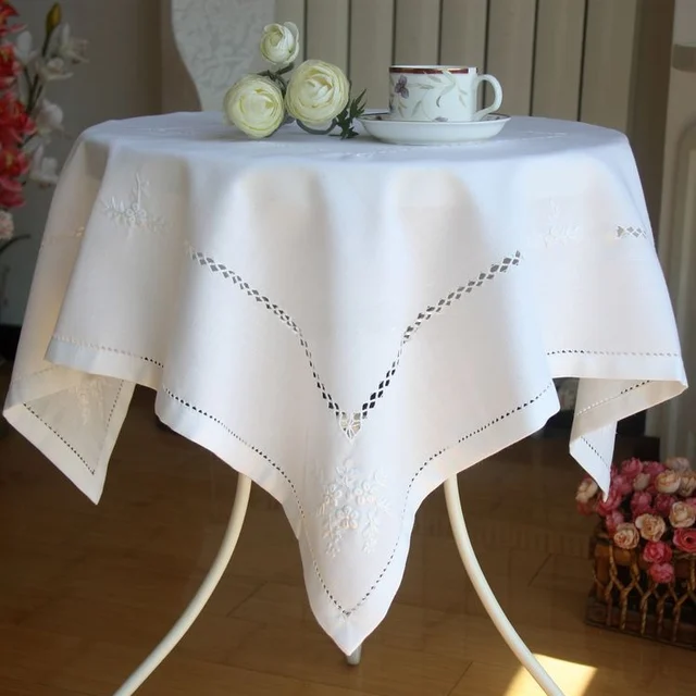 New White Delicate Hemstitch Embroidery Tablecloth Elegant Embroidered