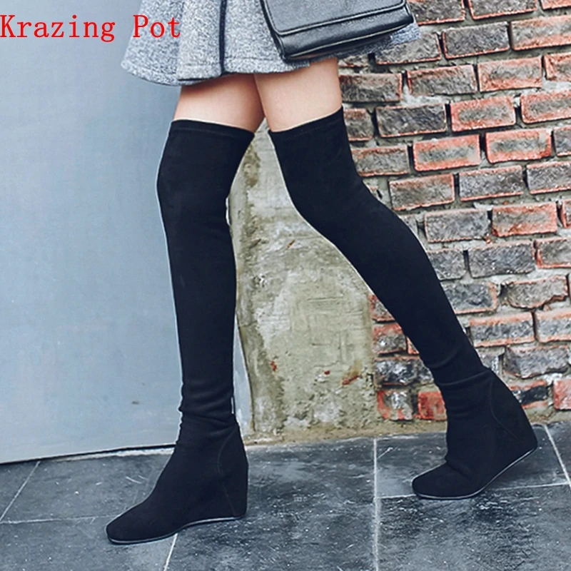 

Krazing Pot 2018 vintage cow suede square toe high heels black color party all-match streetwear stretch over-the-knee boots L75