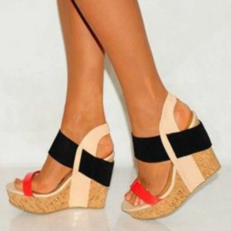 SHOFOO/Элегантная модная обувь; ; разноцветная комбинированная кожа; босоножки на танкетке 15,5 см; женские босоножки Размер: 34-45