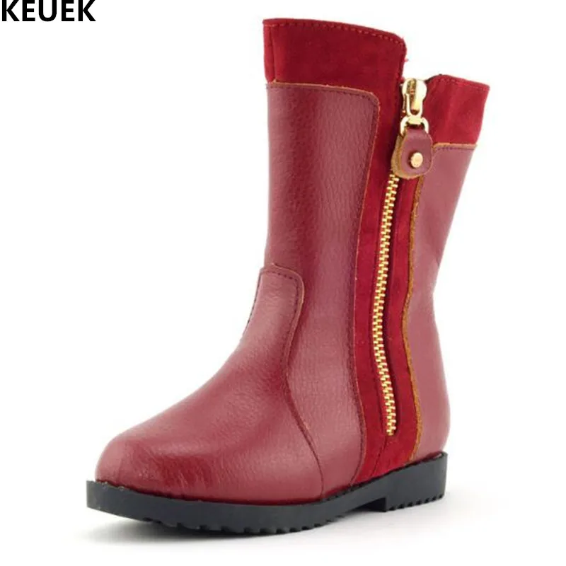 

New Children Shoes Winter Snow Boots Girls Mid-Calf High Boots Princess Kids Genuine Leather Martin boots Baby Toddler Flat 03