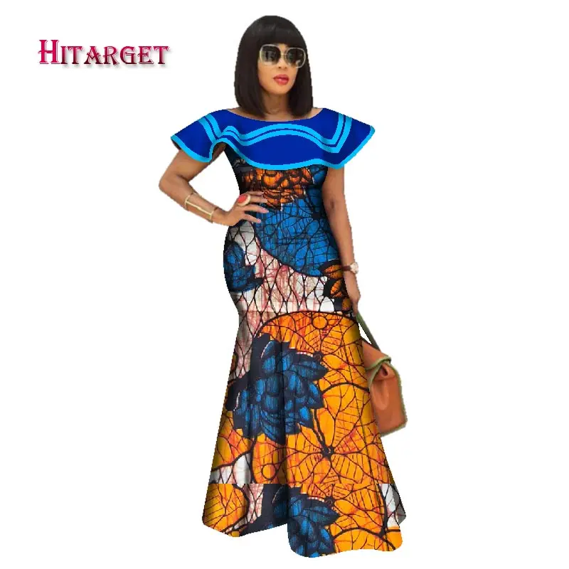 Базен Riche Африканский принт платья для женщин Сращивание рюшами шеи длинные макси платья Дашики размера плюс африканская женская одежда WY2550