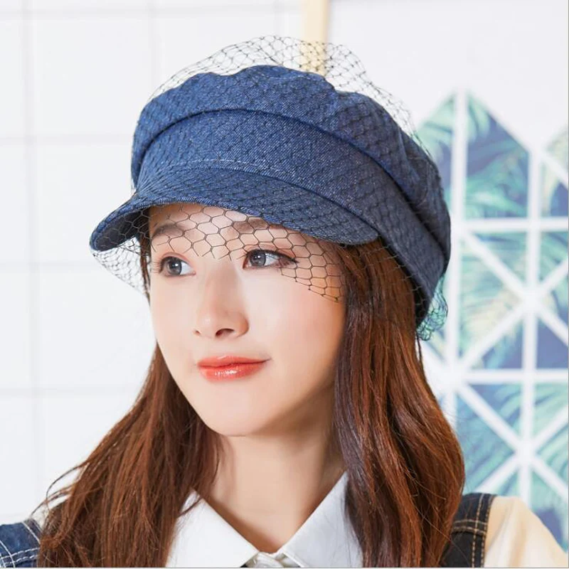 

2019 Spring Women Girls Beret Denim Ladies Flat Cap With Mesh &Lace Fashion Street Casquette Black Blue Berets Hat for Female