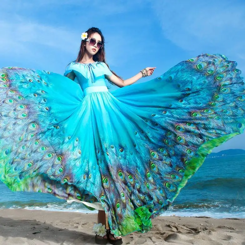 2014 fashion Women's blue Peacock print Hawaiian Long Beach Dress