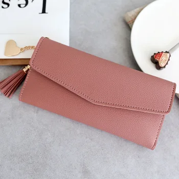 

2017 New Fashion Women Wallets solid tassel PU Leather Zipper Wallet Women's Long Purse More Color Clutch