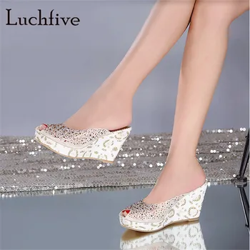 

New fashion rhinestone women slippers sexy peep toe high wedge heels geninue leather female shoes leisure slip on summer 2018