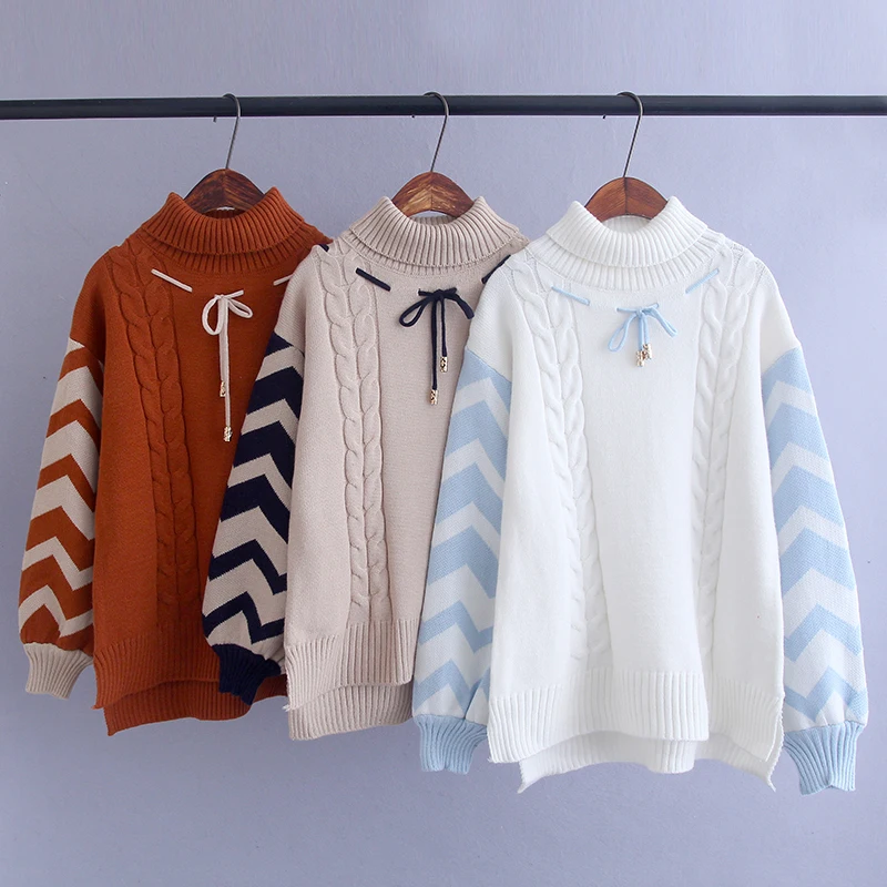Япония, Женский пуловер, свитер, осень, высокий воротник, твист, теплые вязаные свитера, зима, Mori, для девочек, Femme, на шнуровке, джемперы, одежда
