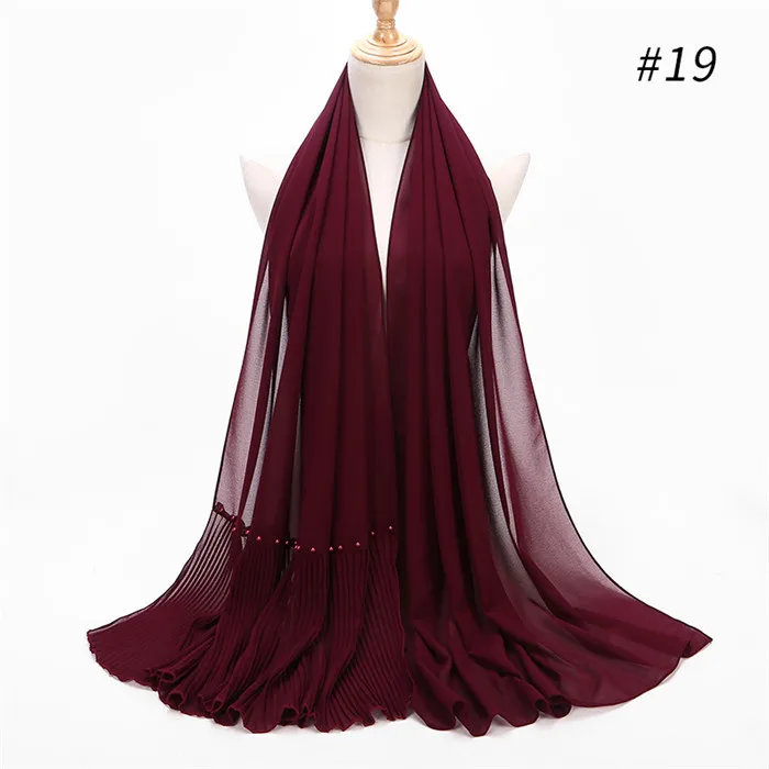 with pearl color19 Длинный шарф в стиле пэчворк, популярный шифоновый шарф с пузырьками, хиджаб с жемчужной складкой, шарф с швом, мусульманские шарфы - Цвет: with pearl color19