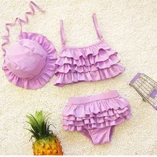 Купальный костюм с рюшами для девочек, детский купальник для девочек, шапочка, топ, трусики, комплект пляжной одежды, купальные костюмы для малышей