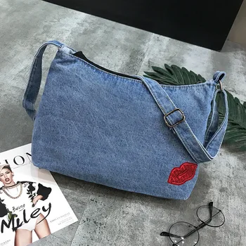 

Vintage Jeans Flap Simple Denim Women Kiss Appliques HandBags Crossbody Messenger purse Shoulder Bag carteira bolsa feminina
