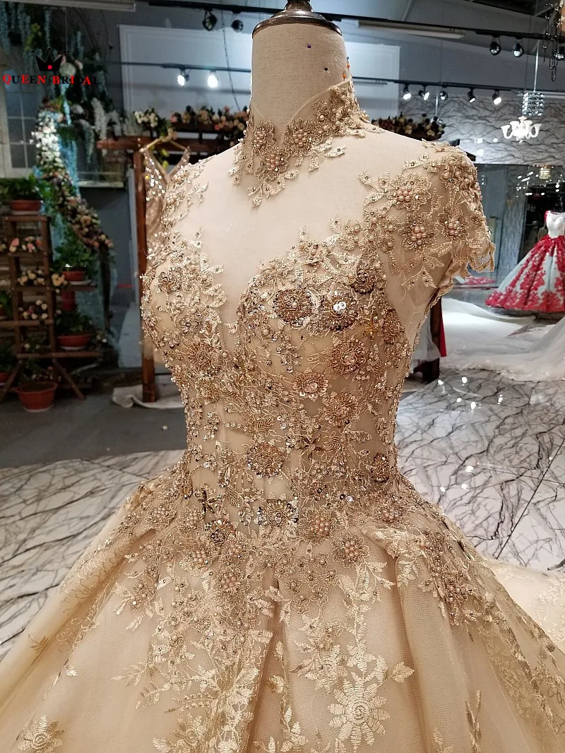 Роскошные вечерние платья золотого цвета, бальное платье, пышное кружевное платье с аппликацией из бисера и кристаллов, настоящая фотография, вечерние платья DW08