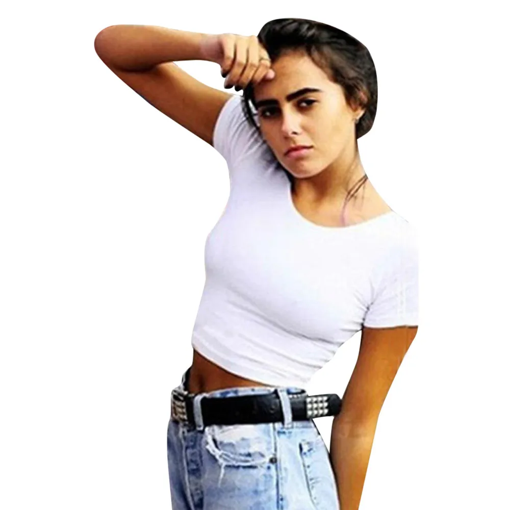 

Summer Women's T-shirts Short Sleeves Sexy Women Basic Tees Tops Cropped T-shirt beach Casual Slim Fit O-Neck Flared T-shirts
