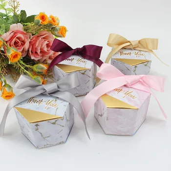 

AVEBIEN New Creative Wedding Candy Boxes with Grey Ribbons Paper Favor Bags Marble Printed Chololate Container Souvenir 20pcs