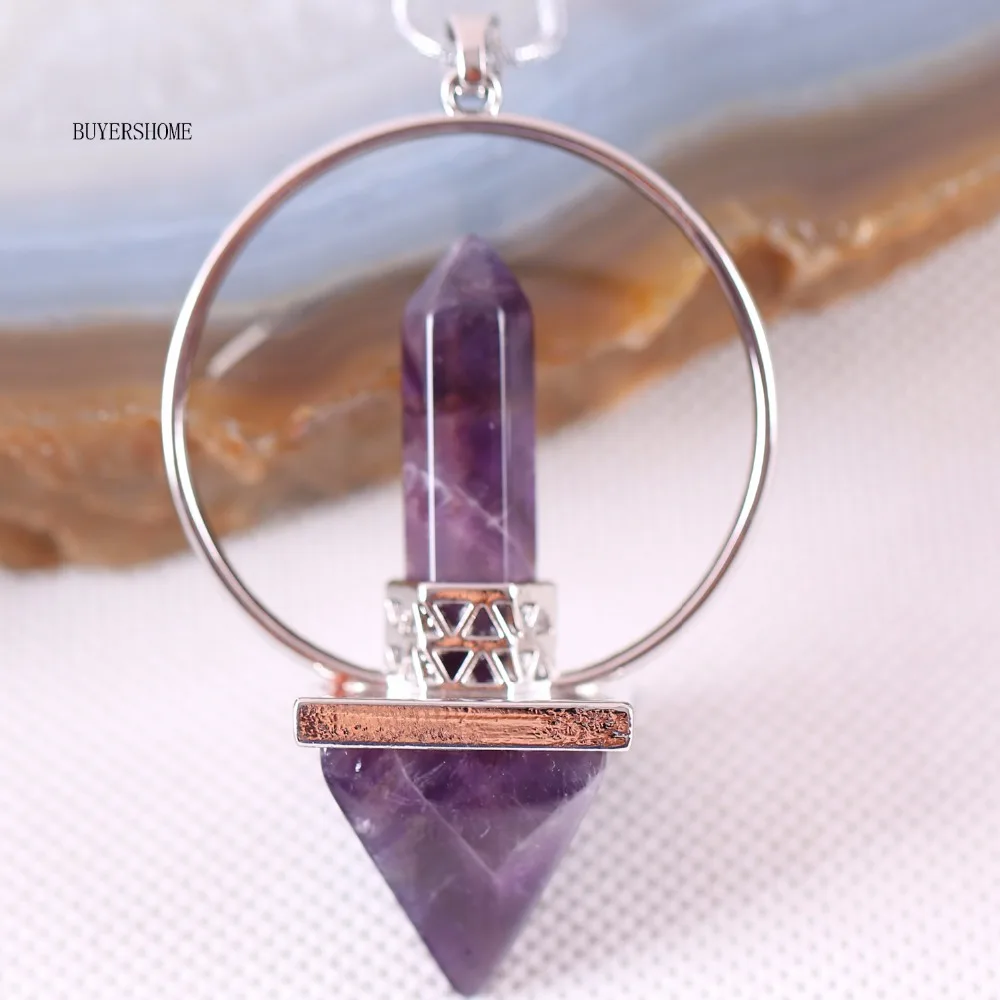 

Reiki Healing 7 Chakra Natural Stone Pendulum for Dowsing Hexagonal Prism Pyramid Purple Crystal Pendant K2125