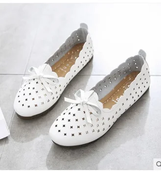 

New Breathable Genuine Leather Summer Shoes Woman 2019 Flat Low Heel Bowknot Hollow Out Leather Slip On Shoes For Women Soft
