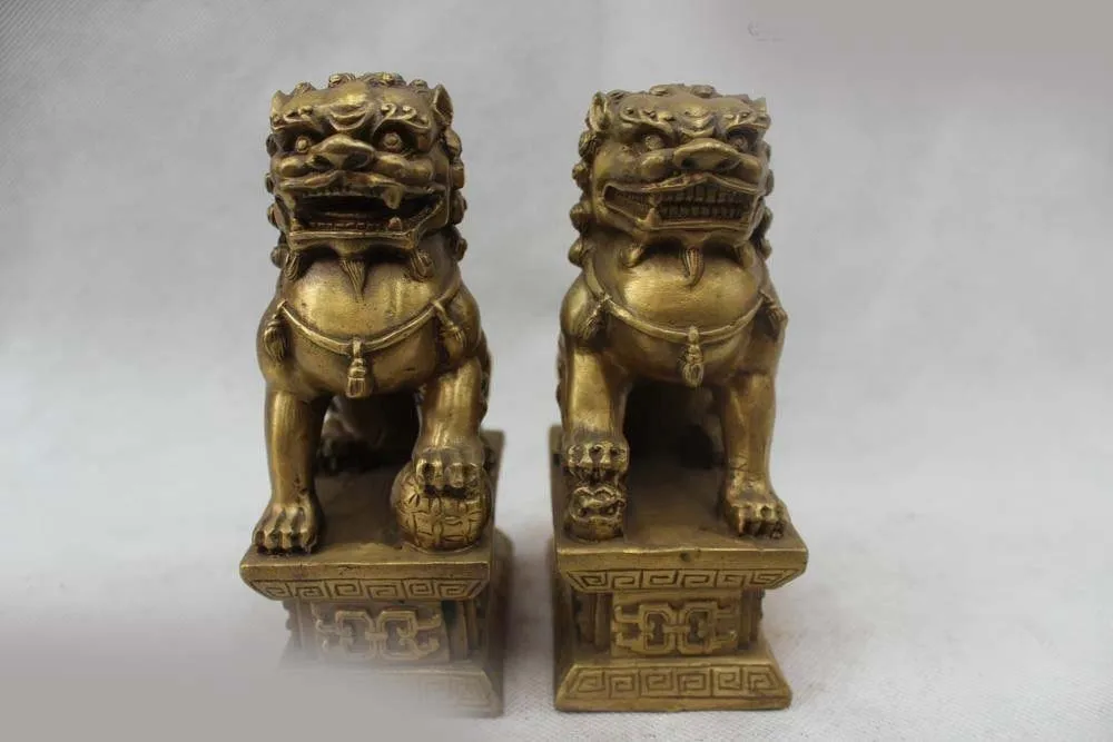 

6"Chinese Feng Shui Brass Foo Fu Dog Guardion Door Lion Statue Sculpture Pair