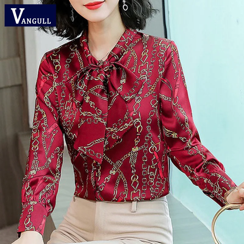 

Vangull Print Women Tops and Blouses Plus Size Chiffon Blouse Shirt Bow Collar Office Blouse Long Sleeve Women Shirts Blusas New
