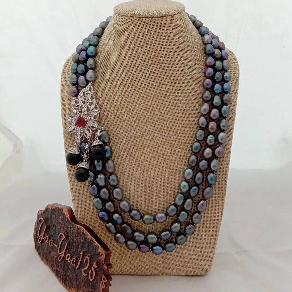 22" 3 Strands Black Rice Pearl Necklace Sea Shell Pearl CZ Pendant