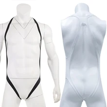 Sexy Nylon Transparent Open Butt Gay Wrestling Singlet Crotchless Jockstrap Underwear Men Mankini Erotic Jumpsuit Undershirt